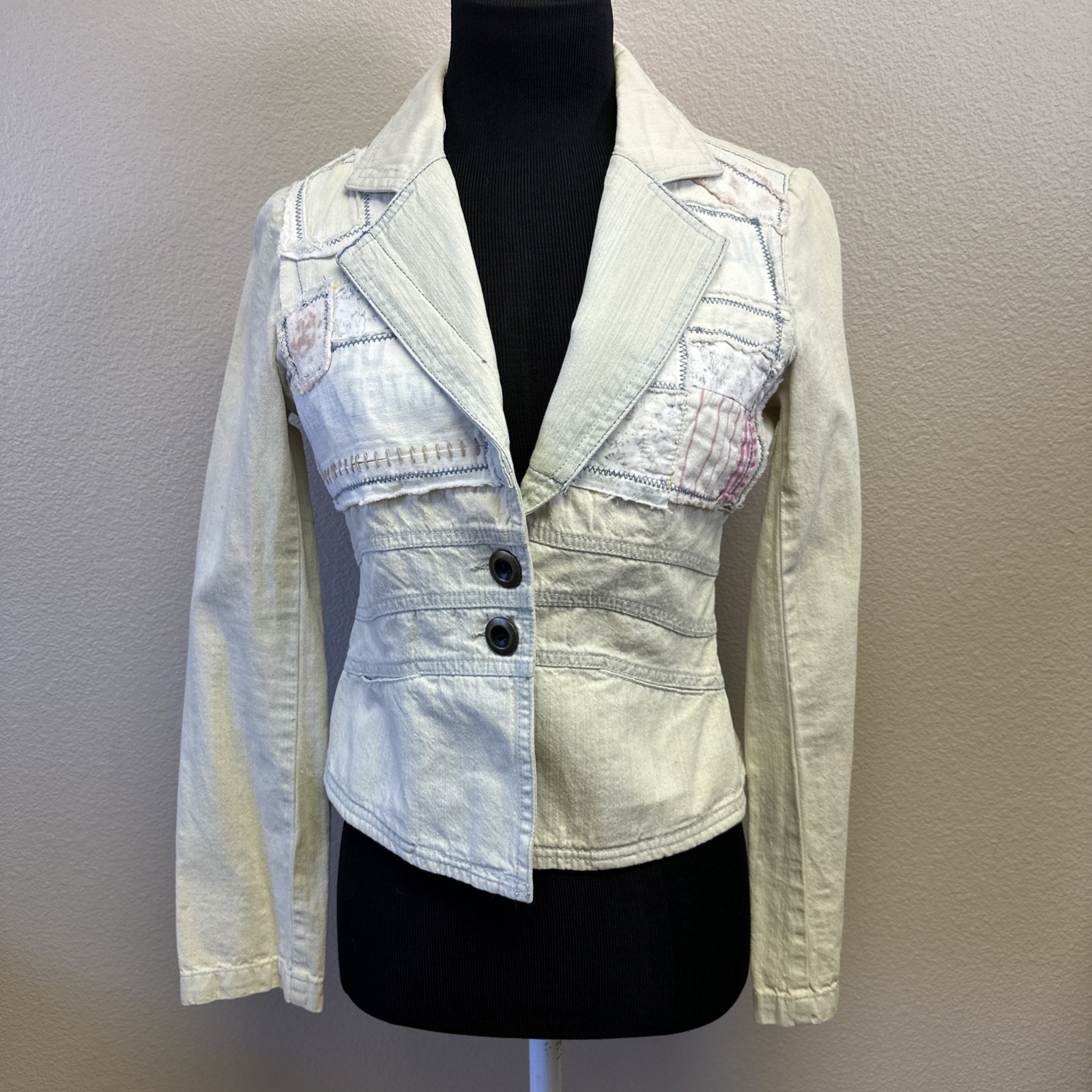 Nwt We The Free Womens 0 Distressed Patchwork Americana Denim Coat Jacket Boho
